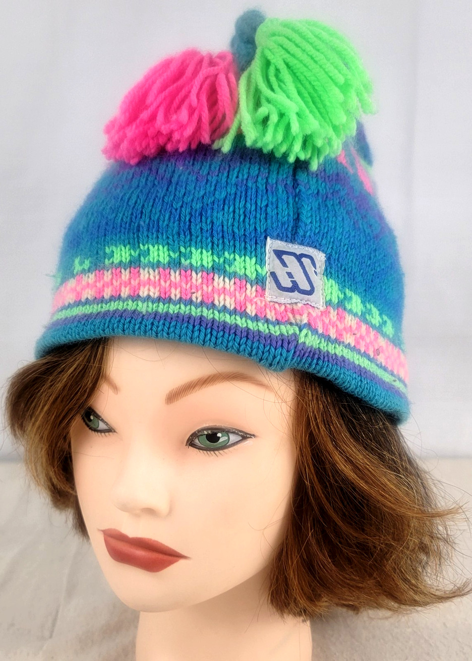 Vintage Murray Markley Wool Knit Ski Hat Neon Tassel Beanie Canada 80s 90s